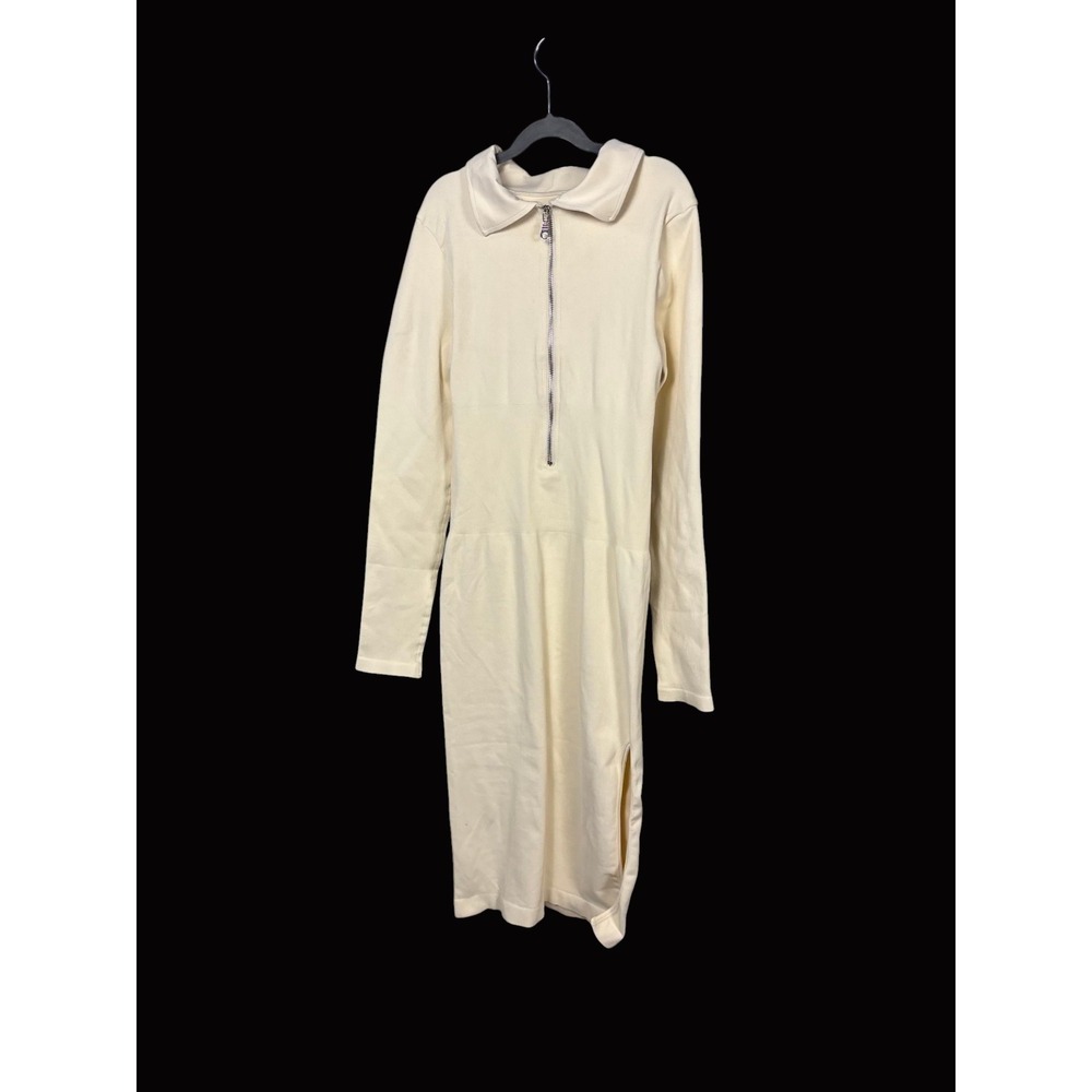 OQQ Cream Half Zip Midi Sweater Dress Polo Collar Side Slit Womens Large Knit